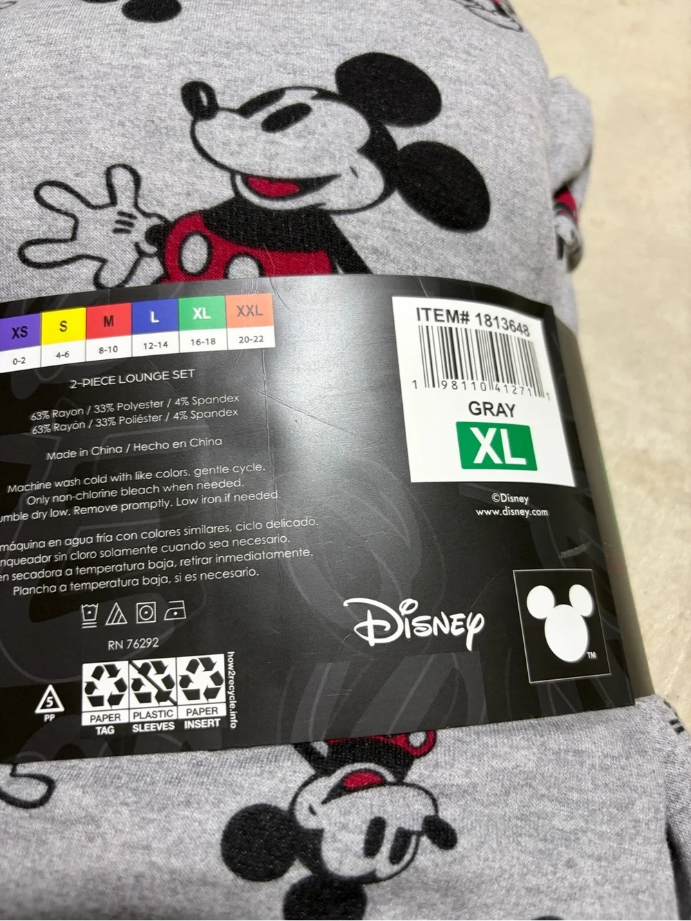 Disney NWT Gray Mickey Mouse 2-Piece Lounge Set XL pajamas - Picture 6 of 8